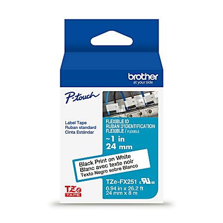 Brother P-touch TZeFX251G, Flexible ID Laminated, ~1in x 26.2ft (24mm x 8m), Black on White Label Tape