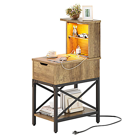 Bestier LED Rectangular Night Stand With USB Ports, Charging Station & Drawer, 37-5/8”H x 14-1/16”W x 21-11/16”D, Rustic Oak