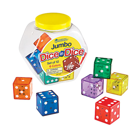 Learning Resources® Jumbo Dice-In-Dice, 1 1/4"H x 1 1/4"W x 1 1/4"D, Assorted Colors, Grades K - 5, Pack Of 12