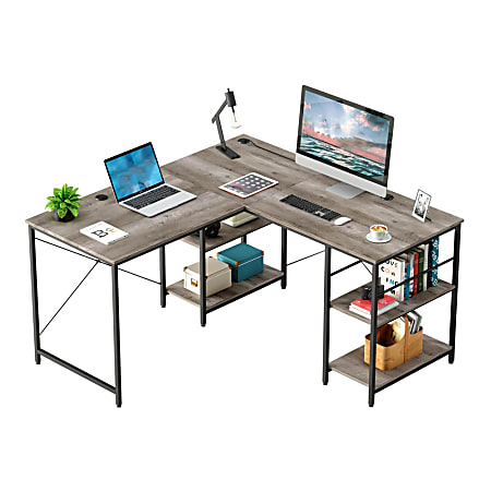 Bestier L-Shaped Corner Computer Desk With Storage Shelf, 3 Cable Holes, 56"W, Light Retro Gray Oak
