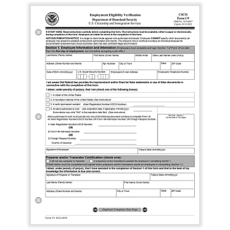 ComplyRight™ I-9 Forms, Employment Eligibility Verification, 8-1/2" x 11", Pack Of 50 Forms