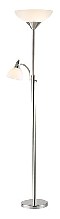 Adesso® Piedmont 300W Torchiere with Reading Light, 71"H, Brushed Steel Base/White Shade