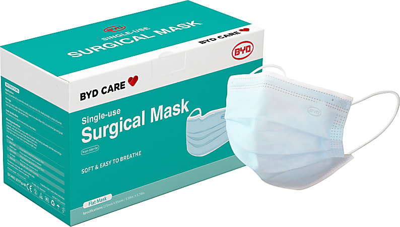 BYD Care Surgical Masks, Adult, One Size, Blue, Box Of 50
