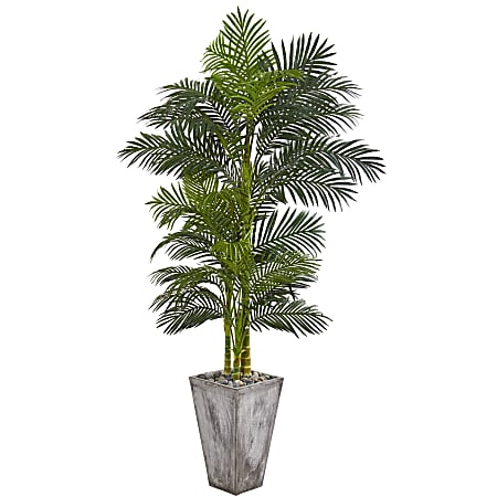 Nearly Natural Golden Cane Palm 84”H Artificial Plant With Cement Planter, 84”H x 45”W x 40”D, Green/Gray