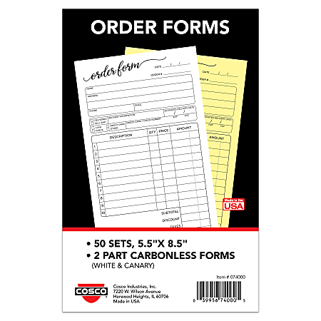 COSCO Order Form Book, 2-Part Carbonless, 8-1/2" x 5-1/2", Script, Book Of 50 Sets