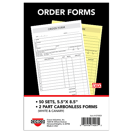 COSCO Order Form Book, 2-Part Carbonless, 8-1/2" x 5-1/2", Simple, Book Of 50 Sets