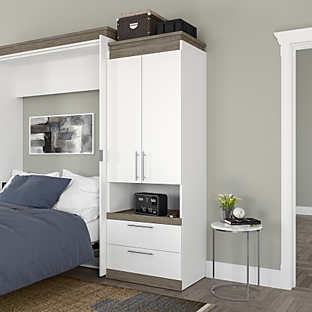 30W Tall Storage Shelf for Bedroom in White & Walnut Grey by Bestar