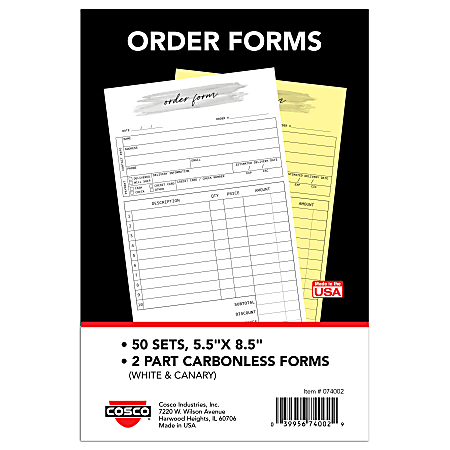 COSCO Order Form Book, 2-Part Carbonless, 8-1/2" x 5-1/2", Watercolor, Book Of 50 Sets