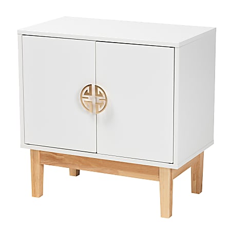 Baxton Studio Kamana 23-5/8”W Modern 2-Tone Metal 2-Door Storage Cabinet, White/Oak Brown/Gold