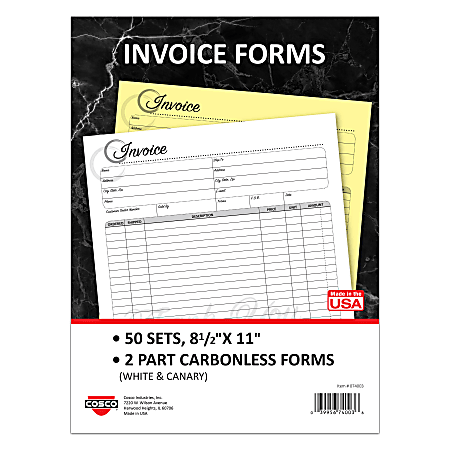 COSCO Invoice Form Book With Slip, 2-Part Carbonless, 8-1/2" x 11", Artistic, Book Of 50 Sets