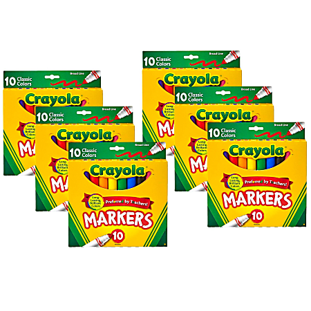 Crayola Broad Line Markers, Pack Of 6 Boxes, Broad Tips, Classic Colors, 10 Markers Per Box