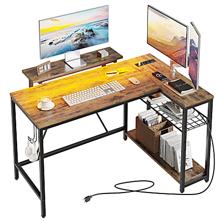 Bestier 48"W L-Shaped LED Gaming Computer Desk With Power Outlet & Headset Hook,Rustic Brown