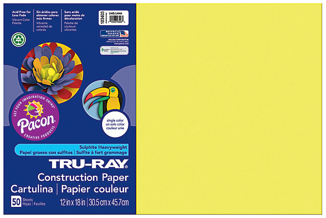 Tru-Ray® Construction Paper, 12" x 18", 50% Recycled, Lively Lemon, Pack Of 50