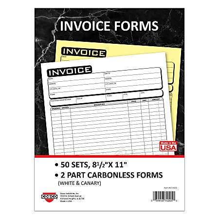 COSCO Invoice Form Book With Slip, 2-Part Carbonless, 8-1/2" x 11", Business, Book Of 50 Sets