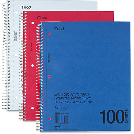 Mead® Mid-Tier Notebook, 8-1/2" x 11", 1 Subject, College Rule, 100 Sheets, Assorted