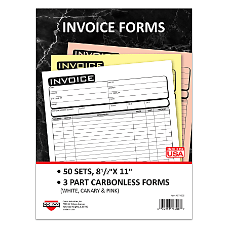 COSCO Invoice Form Book With Slip, 3-Part Carbonless, 8-1/2" x 11", Business, Book Of 50 Sets