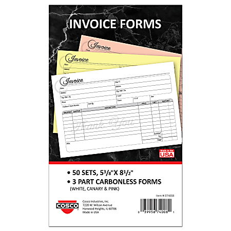 COSCO Service Invoice Form Book With Slip, 3-Part Carbonless, 5-3/8" x 8-1/2", Artistic, Book Of 50 Sets