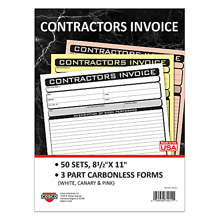 COSCO Contractor Invoice Business Form Book With Slip, 3-Part Carbonless, 8-1/2" x 11", Book Of 50 Sets