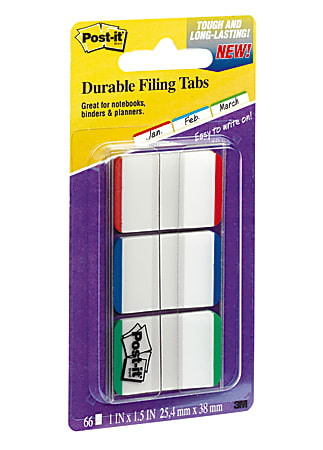 Post-it® Durable Tabs, 1" x 1 1/2", Blue/Green/Red Color Bars, 22 Flags Per Pad, Pack Of 3 Pads