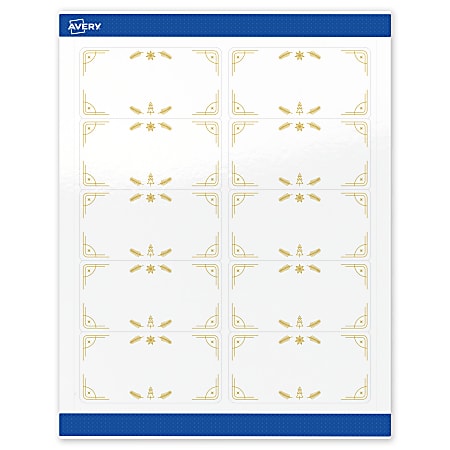 Avery&reg; Printable Christmas Shipping Labels With Sure Feed&reg; Technology, 94207, Rectangle, 2" x 4", Glossy White/Metal Gold Christmas Trees, 100-PK
