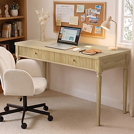 Bestier 55" Fluted Wood Ergonomic Executive Writing Desk with 2 Drawers, Natural Oak, Total Qty 1