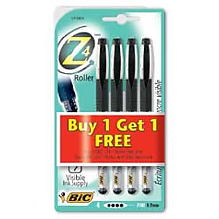 BIC® Z4™ Liquid Ink Rollerball Pens, 0.7 mm, Fine Point, Clear Barrel, Black Ink, Pack Of 4