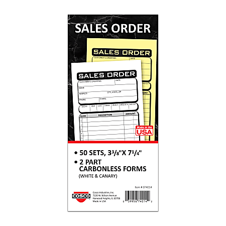 COSCO Sales Order Form Book With Slip, 2-Part Carbonless, 3-3/8" x 7-1/4", Business, Book Of 50 Sets