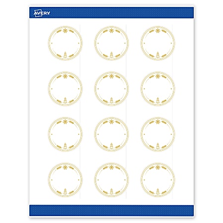 Avery&reg; Printable Christmas Labels with Sure Feed&reg; Technology, 94501, Round, 2", Matte White With Metallic Gold Christmas Trees Design, Pack Of 120