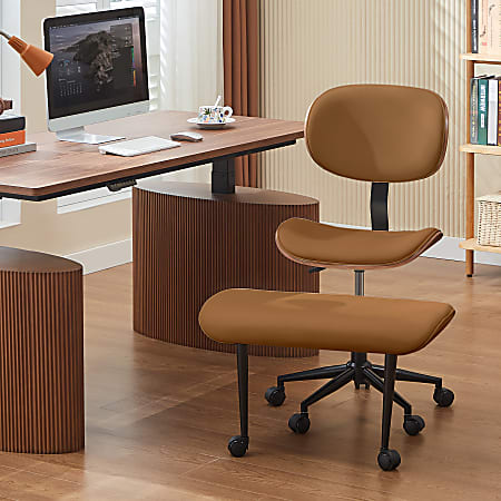 Bestier Ergonomic Faux Leather Mid-Back Cross Legged Office Task Chair With Wheels, Brown