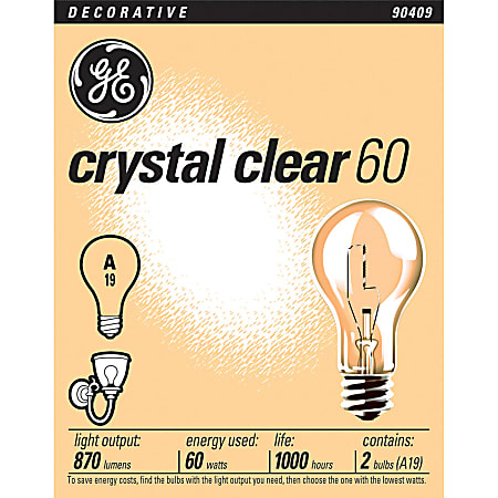 GE Crystal Clear Bulbs, 60 Watts, Pack Of 2