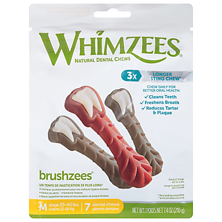 Whimzees Brushzees Natural Dental Chews, Medium, 7.4 Oz, Total Qty 4