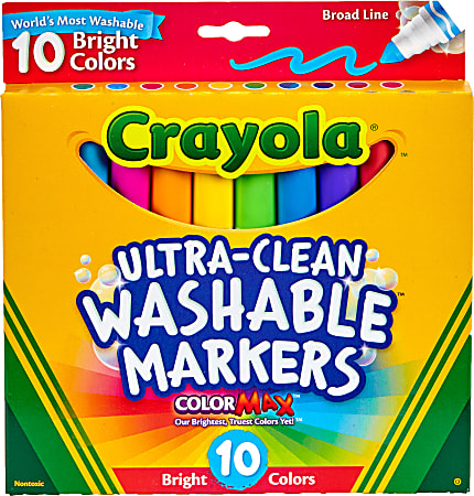 Crayola® Ultra-Clean Washable Bright Broad Line Color Max Markers, Broad Point, White/Assorted Barrels, Assorted Ink, Pack Of 10 Markers