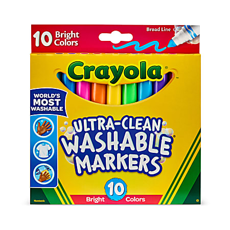 Crayola® Ultra-Clean Washable Bright Broad Line Color Max Markers, Broad Point, White/Assorted Barrels, Assorted Ink, Pack Of 10 Markers