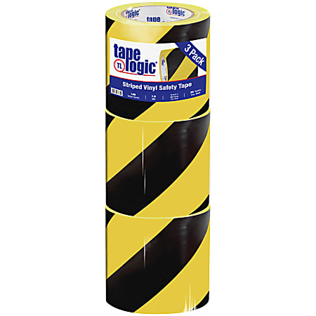 BOX Packaging Striped Vinyl Tape, 3" Core, 4" x 36 Yd., Black/Yellow, Case Of 3