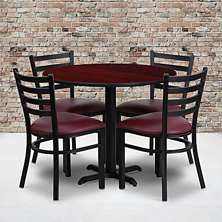 Flash Furniture Round Laminate Table Set With X-Base And 4 Ladder-Back Metal Chairs, 30"H x 36"W x 36"D, Mahogany/Burgundy