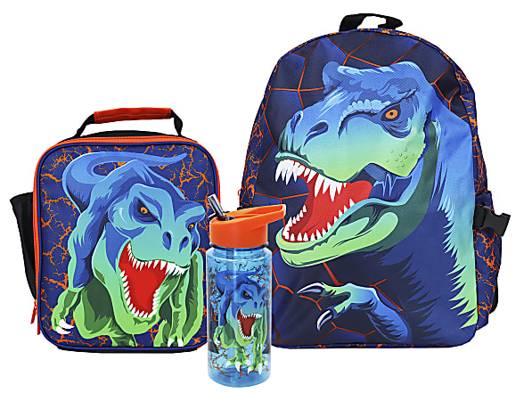 Office Depot&reg; Brand School Backpack and Lunch Box Set With Water Bottle, Blue Dinosaur