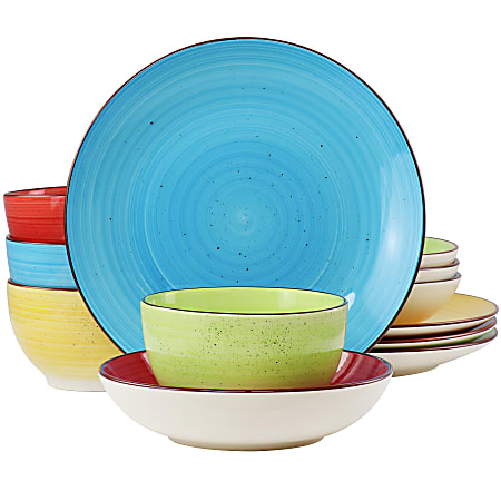 Elama Mason Double Bowl Stoneware Dinnerware Set, Assorted Colors, Set Of 12 Pieces