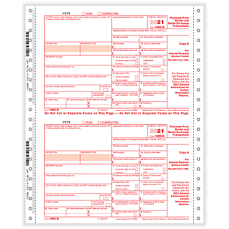 ComplyRight™ 1099-B Tax Forms, 4-Part, Copy A, State, B, C, 1-Wide, Continuous, 9" x 11", Pack Of 100 Forms