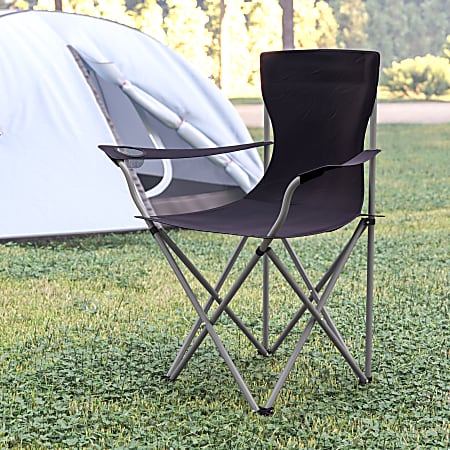 Flash Furniture Quad Folding Camping Chair With Armrest Cupholder, Black/Gray