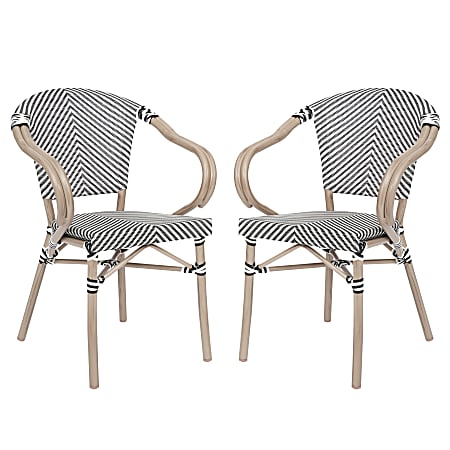 Flash Furniture 2 Pack Marseille Indoor/Outdoor Commercial Bistro Stacking Chair with Arms, Black & White/Light Natural Frame -2SDAS64218BKWLT