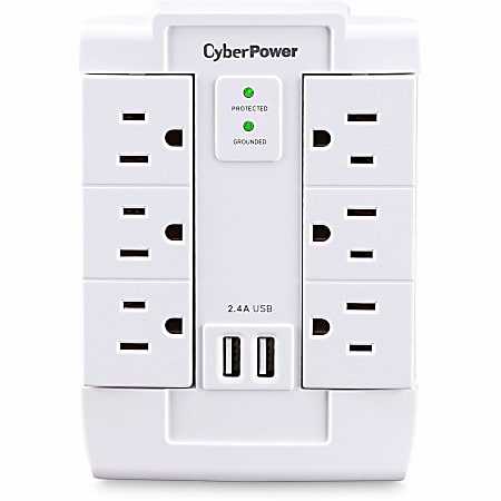 CyberPower CSP600WSURC2 6-Outlet Swivel Professional Surge Protector Wall Tap With 2 USB Ports, White