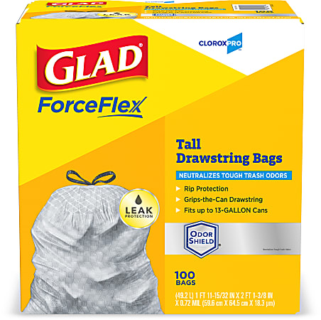 CloroxPro™ Glad ForceFlex Tall Kitchen Drawstring Trash Bags, 13 Gallon, Grey, Box Of 100