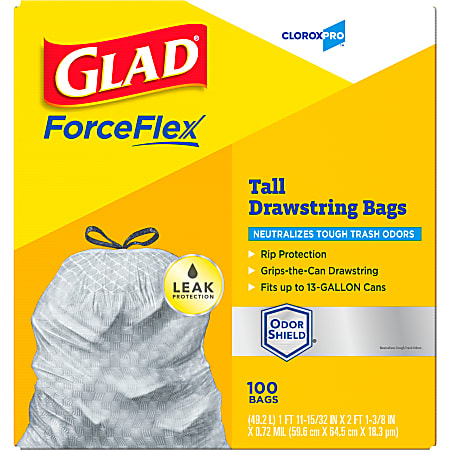 Glad ForceFlex Tall Kitchen Drawstring Trash Bags OdorShield 13 gal  Capacity 23.74 Width x 24.88 Length 0.72 mil 18 Micron Thickness Drawstring  Closure Gray 6Carton 40 Per Box - Office Depot