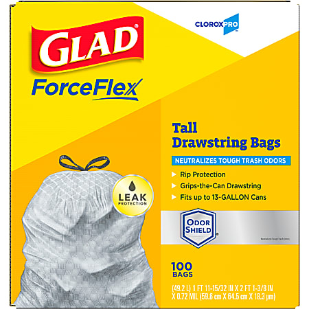 Glad ForceFlex Tall Kitchen Drawstring Trash Bags 13 Gallon Grey Box Of 100  - Office Depot