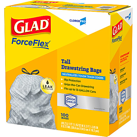 Glad® ForceFlex Tall Kitchen Drawstring Trash Bags, 13 Gallon, Grey, Box Of  100