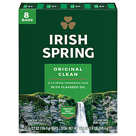 Irish Spring Original Clean Deodorant Bar Soap For Men, 3.7 Oz, Pack Of 8 Bars