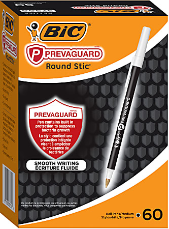 BIC® Prevaguard Round Stic Pens With Antimicrobial Additive, Medium Point, 1.0 mm, Black Barrel, Black Ink, Pack Of 60 Pens