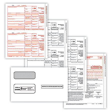 ComplyRight 1099-MISC Tax Forms Set, 4-Part, 2-Up, Copies A/B/C, Laser, 8-1/2" x 11", Pack Of 100 Forms And Envelopes