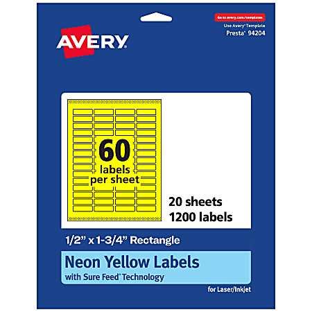 Avery® Print-To-The-Edge Labels With Sure Feed® Technology And Easy Peel®, 94204-NYP20, Rectangle, 1/2" x 1-3/4", Matte Neon Yellow, Pack of 1200