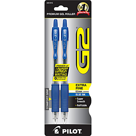 Pilot® G2 Retractable Gel Rollerball Pens, Pack Of 2, Fine Point, 0.5 mm, Blue Ink